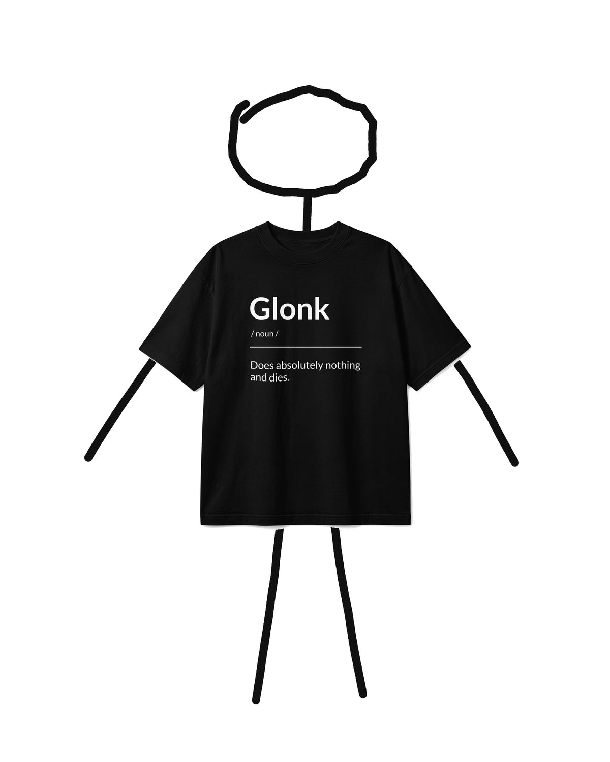 The Sticksylvania stick figure wearing the Glonk Tee, boxy fit