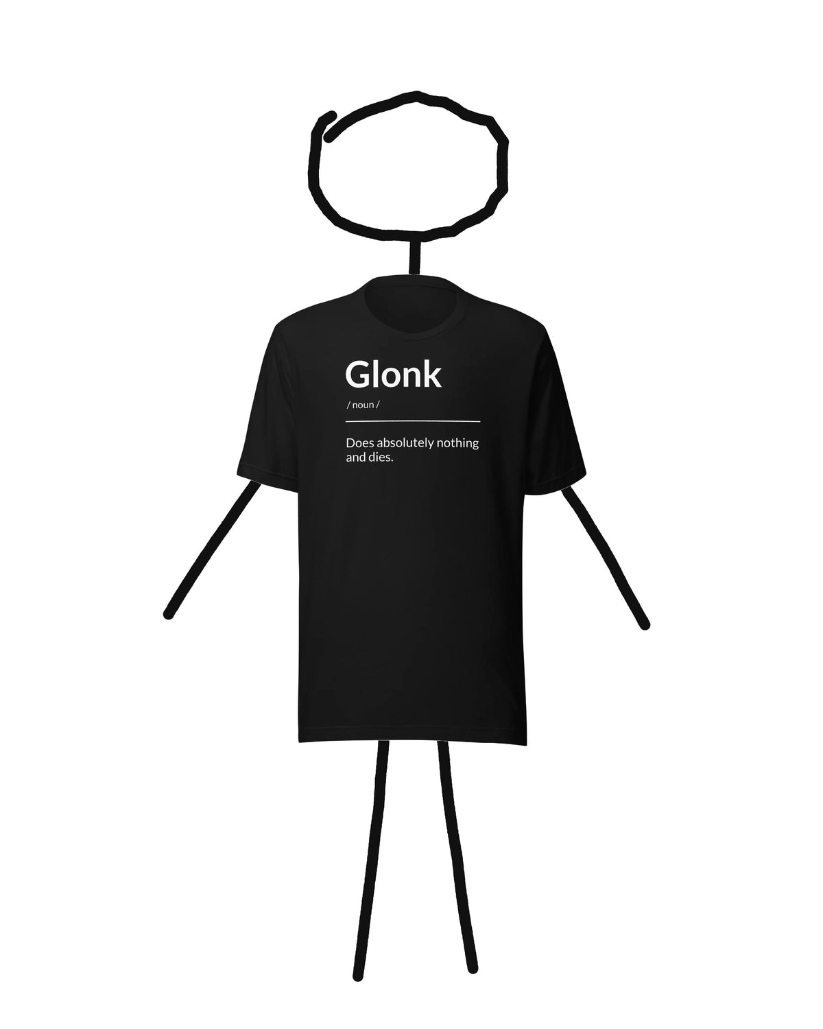 The Sticksylvania stick figure wearing the Glonk Tee, regular fit